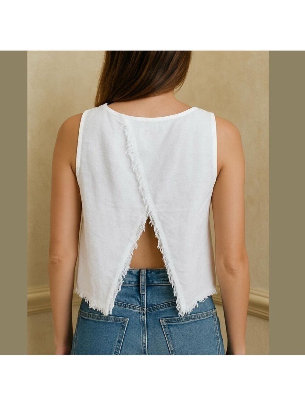 Indigo Rein linen blend crop top with open split back & raw freight hem white L